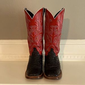 Men’s Justin Boots, Black FQ Ostrich lower - Red Leather Tall Shaft - Square Toe